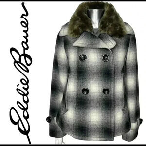 Eddie Bauer Pea Coat Wool Blend Plaid Coat Removable Faux Fur extra small